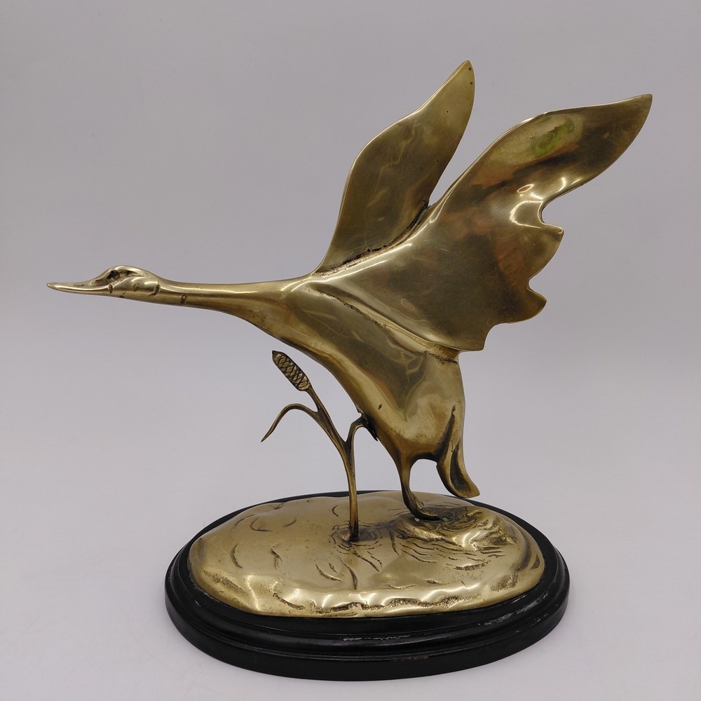 Vtg Brass Taking Flight Goose Duck Statue Wood Base Decor MCM Cabin Man Cave 10"